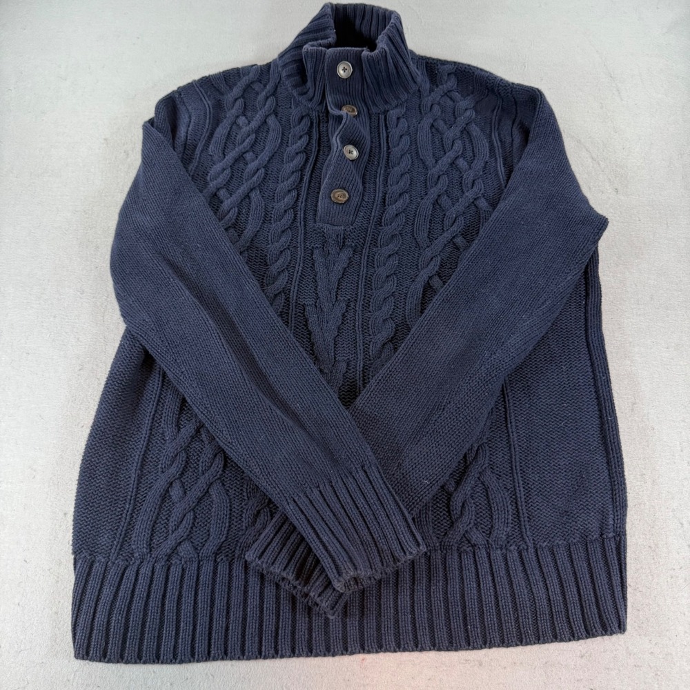 Banana‎ Republic Cable Knit Mock Neck Sweater Navy Blue Cotton Mens L